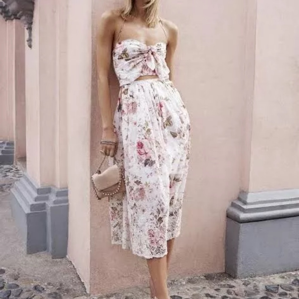 Zimmermann Pink and Red Midi A-Line Skirt Tie Front